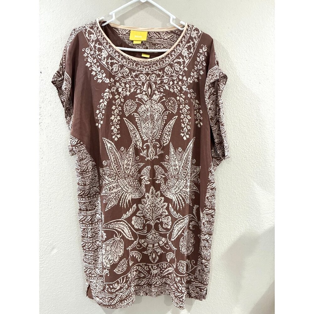Anthropologie Maeve Silk Dress with Slip Boho Design Brown Cream Small Tunic